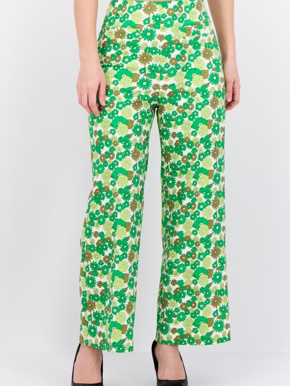 Mango Green Floral High-Waist Wide-Leg Pants 70s